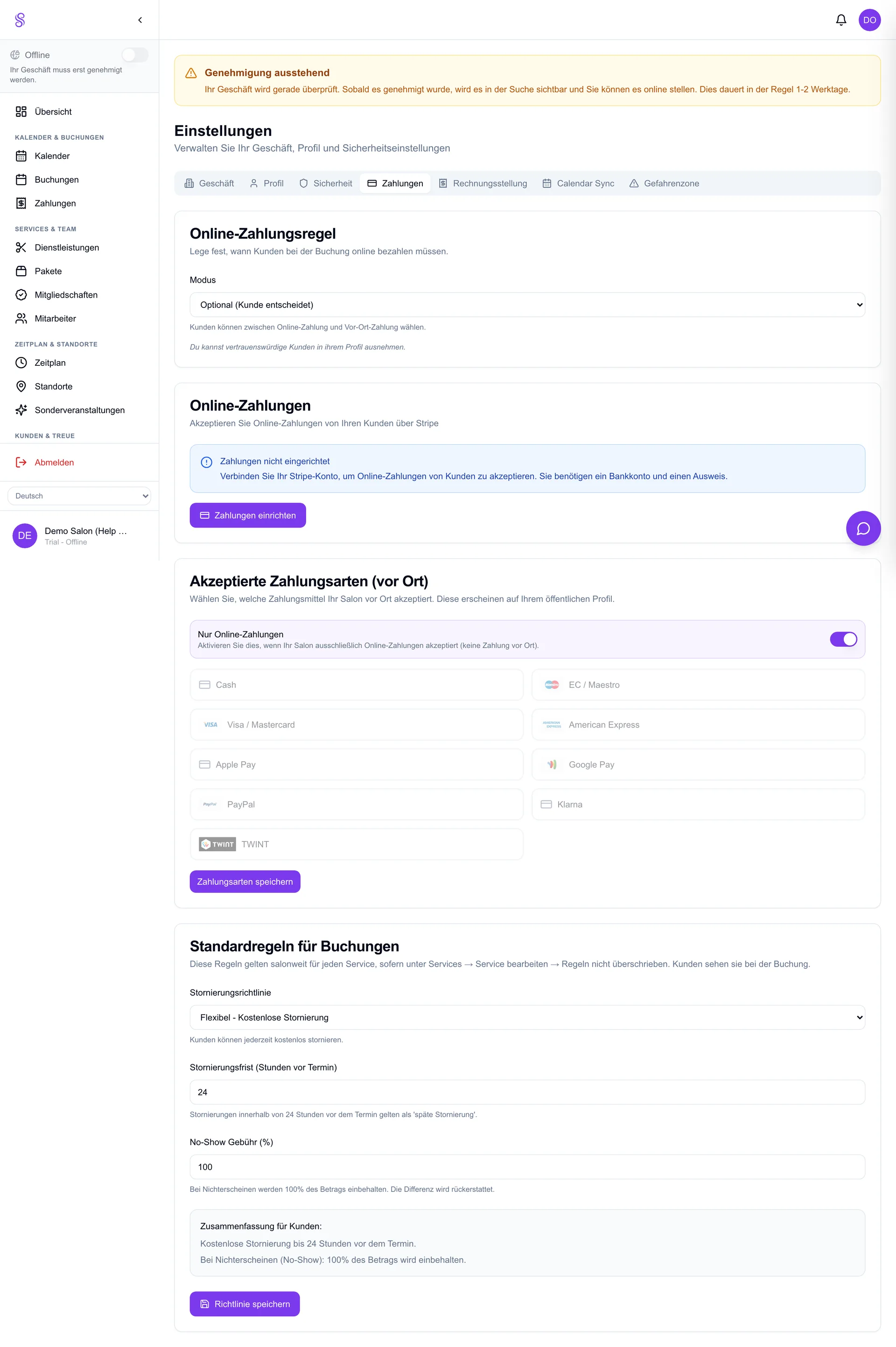 Settings Payments Connect Salonify Payments